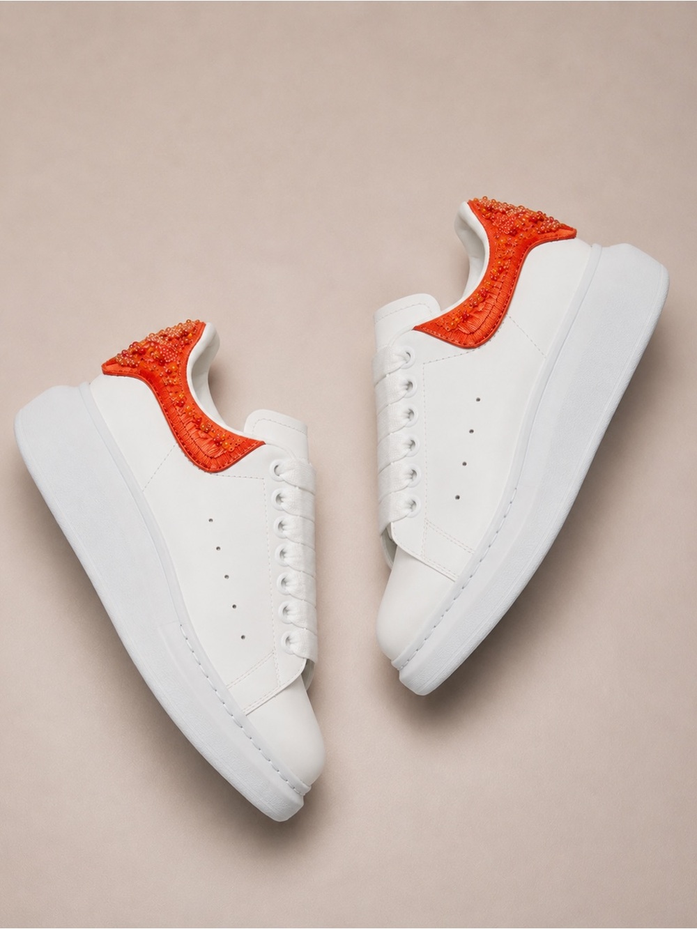 Alexander McQueen Oversized Sneaker White Orange Beaded Leather lux Designer